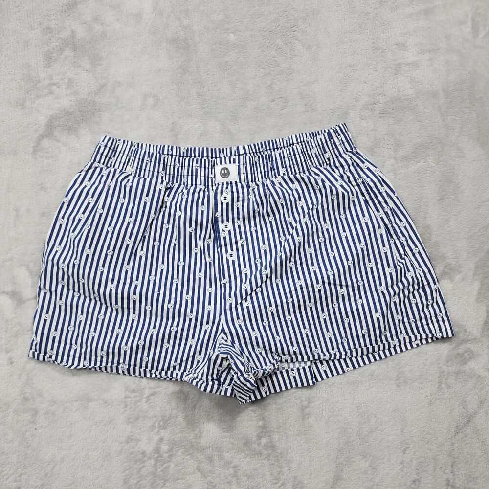 Happily Grey Shorts Womens L Blue White Stripe Smiley Cotton Boxer Casual Lounge